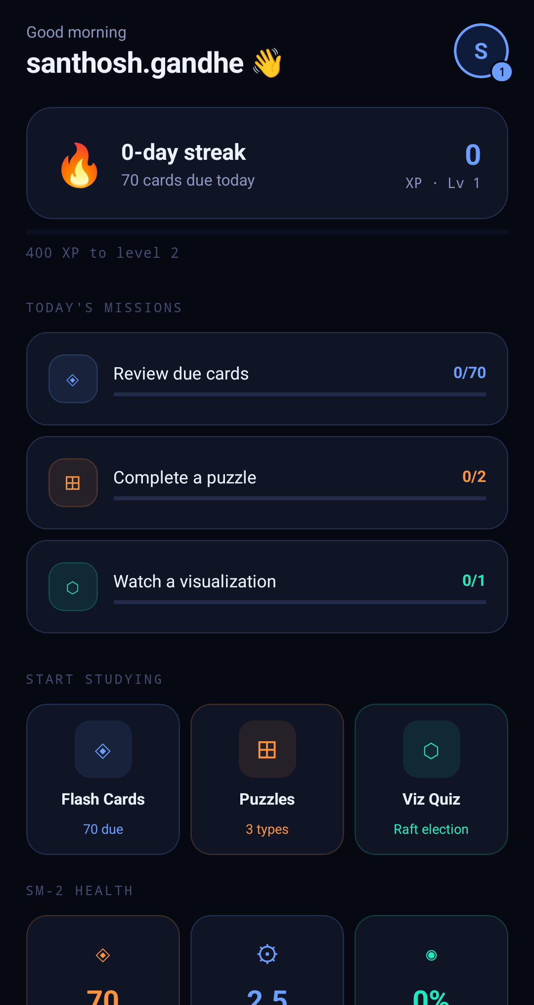 DistroLearn daily dashboard with streak, missions, and study modes